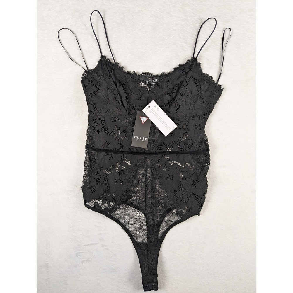NWT $79 GUESS Black  Adjustable Strap Treon Lace Thong Bodysuit Women's Size‎ S